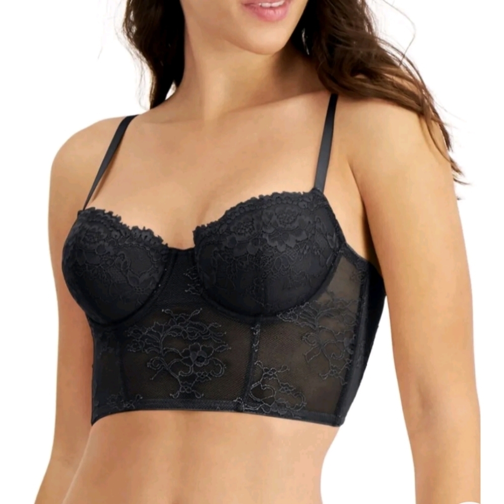 INC International Concepts Sz S Longline Underwire Bra Lace Bustier‎ Deep Black